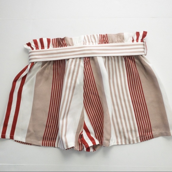 fab’rik Red/White/Taupe Striped Paperbag Tie Waist Shorts Size L - Picture 3 of 5